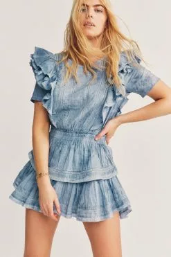 LoveShackFancy Natasha Mini Dress - WASHED DENIM HAND DYE